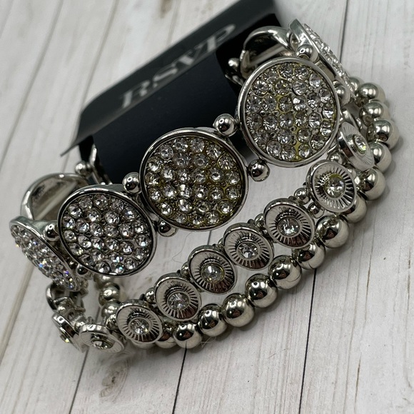 NWT RSVP Silvertone/Crystal Set of 3 Stretch Bracelets - Picture 4 of 9